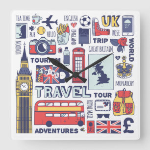 England Travel Doodles Square Wall Clock