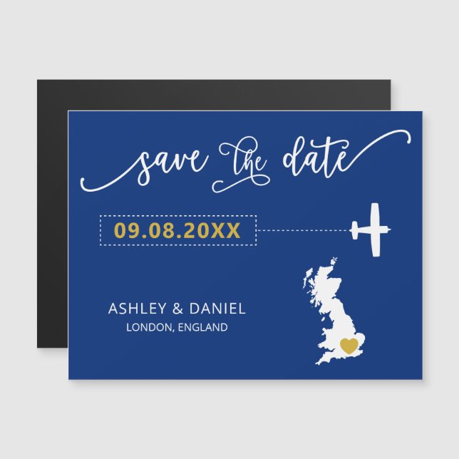 England UK Wedding Save the Date Card, Map Magnetic Invitation (Front/Back)