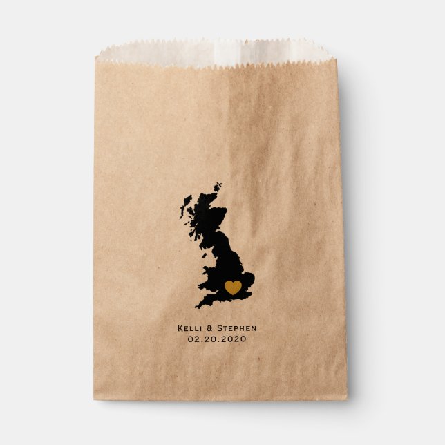 England Wedding Favour Treat Sacks, Map Gift Bags (Front)