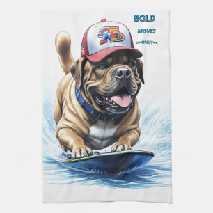 Englische Dogge Mastiff auf Surfbrett Waschlappen Tea Towel