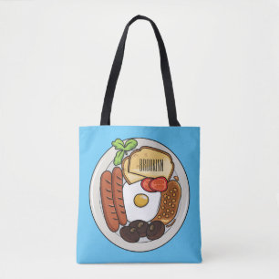 English breakfast cartoon illustration tote bag