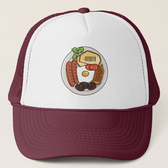 English breakfast cartoon illustration trucker hat (Front)