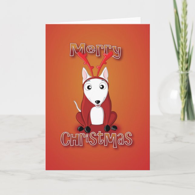 english bull terrier-reindeer custom-merry xmas holiday card (Front)