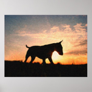 English Bull Terrier & Sunset, Oil Paint Style Poster