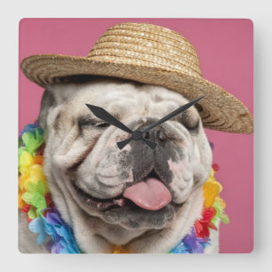 English Bulldog (18 months old) wearing a straw Square Wall Clock