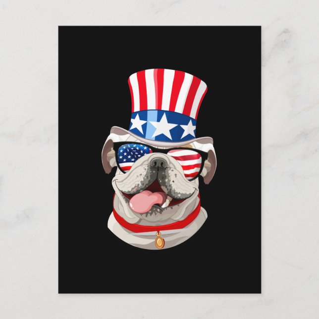 English Bulldog American Flag Hat 4th of July Dog Postcard (Front)