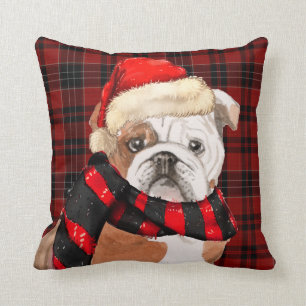 English Bulldog and Plaid Pet Lovers Christmas Thr Cushion