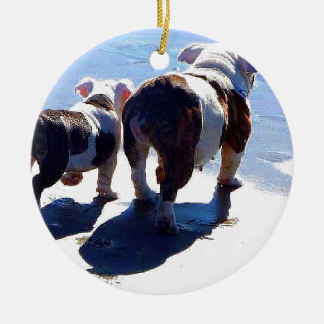 English Bulldog and Puppy Ceramic Tree Decoration (Front)