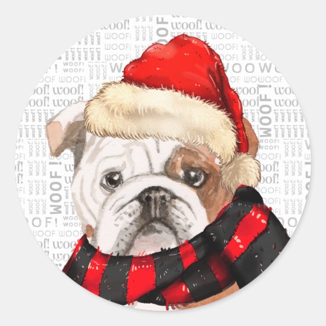English Bulldog and Woof Word Art Christmas Classic Round Sticker (Front)