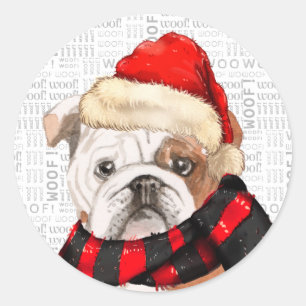 English Bulldog and Woof Word Art Christmas Classic Round Sticker