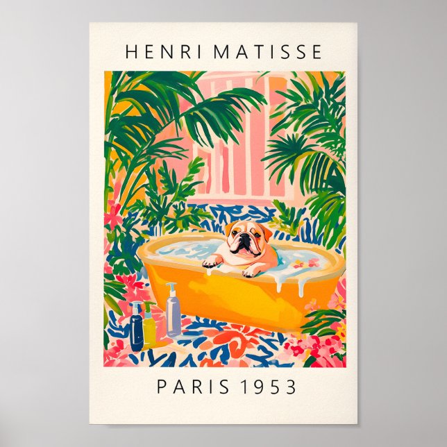 English Bulldog Art Print, Floral Bathroom Print,  Poster (Front)