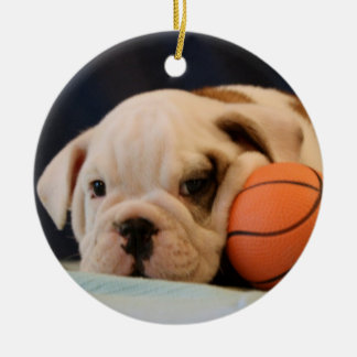English Bulldog Basketball Puppy Ceramic Tree Decoration