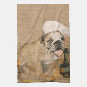English Bulldog Chef Kitchen Print Tea Towel