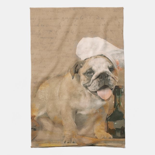 English Bulldog Chef Kitchen Print Tea Towel (Vertical)