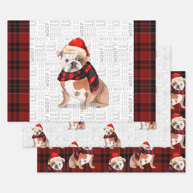 English Bulldog Christmas Dog and Plaid Wrapping Paper Sheet (Set)