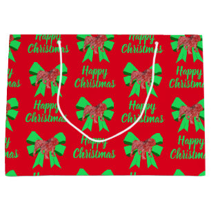 English Bulldog Christmas Dog & Green Bow Large Gift Bag
