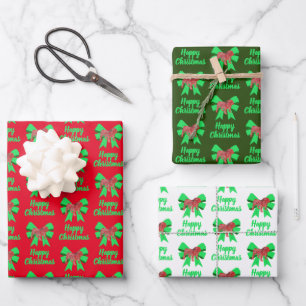 English Bulldog Christmas Dog & Green Bow Wrapping Paper Sheet