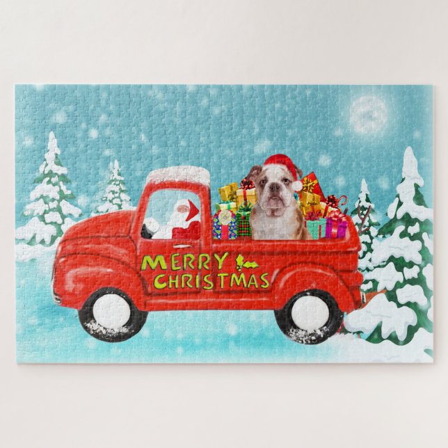 English Bulldog Christmas Santa Delivery Truck Jigsaw Puzzle (Horizontal)