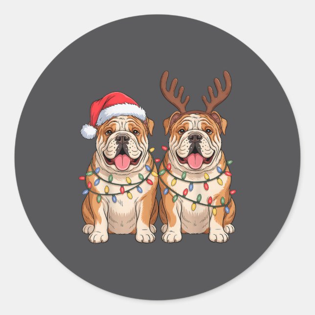 English Bulldog Christmas Santa Hat Reindeer Light Classic Round Sticker (Front)