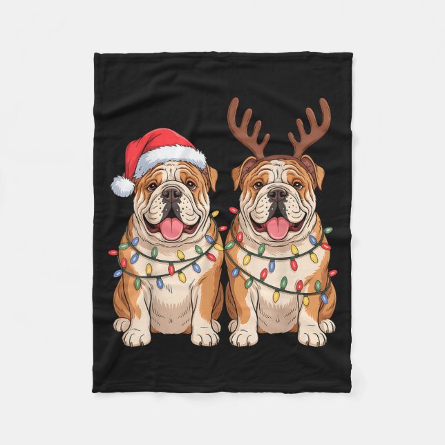 English Bulldog Christmas Santa Hat Reindeer Light Fleece Blanket (Front)