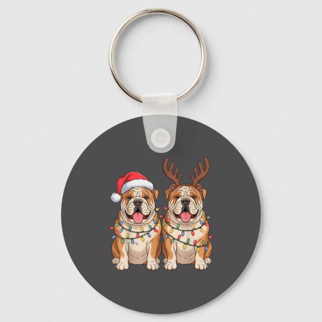 English Bulldog Christmas Santa Hat Reindeer Light Key Ring (Front)