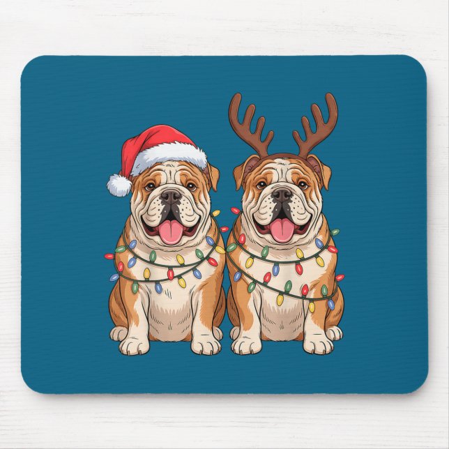 English Bulldog Christmas Santa Hat Reindeer Light Mouse Mat (Front)
