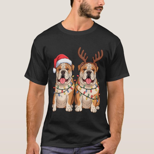 English Bulldog Christmas Santa Hat Reindeer Light T-Shirt (Front)