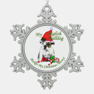 English Bulldog Christmas Snowflake Pewter Christmas Ornament