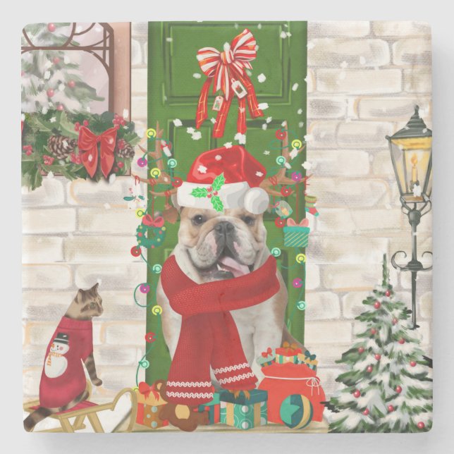 English Bulldog Christmas   Stone Coaster (Front)