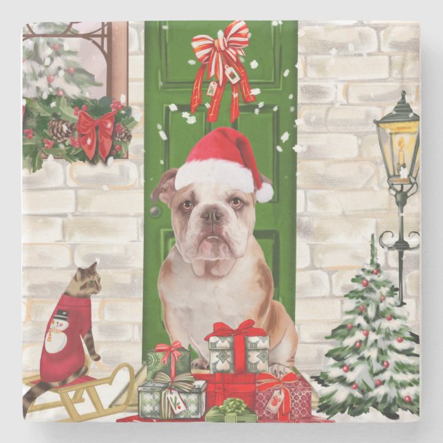 English Bulldog Christmas   Stone Coaster (Front)