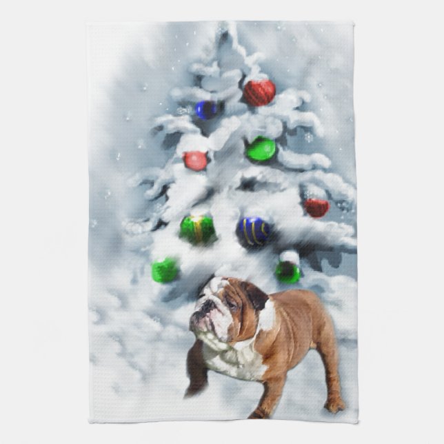 English Bulldog Christmas Tea Towel (Vertical)