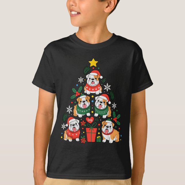 English Bulldog Christmas Tree Dog Lover Women Men T-Shirt (Front)