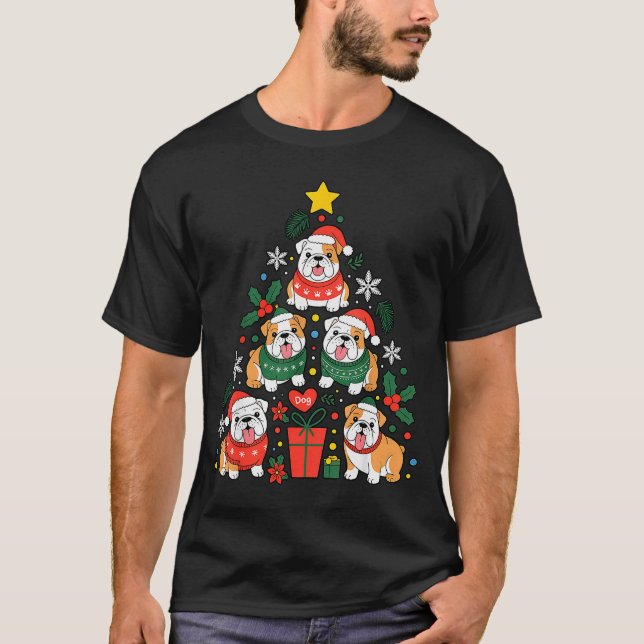 English Bulldog Christmas Tree Dog Lover Women Men T-Shirt (Front)