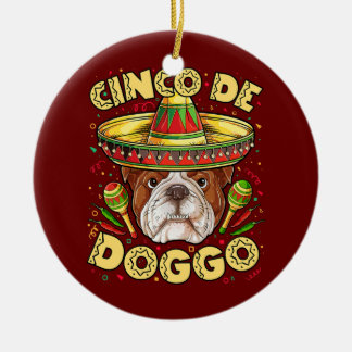 English Bulldog Cinco de Doggo Mayo Mexican Ceramic Tree Decoration