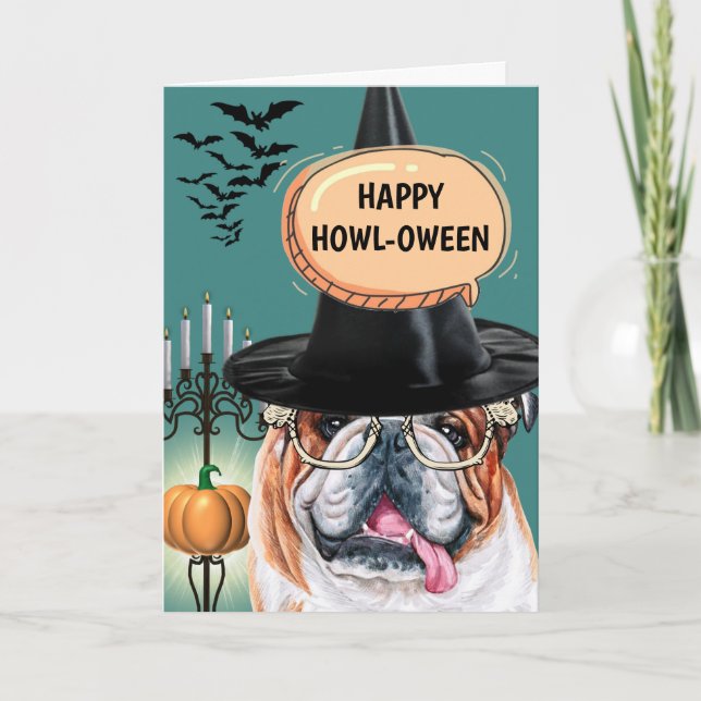 English bulldog cute dog witch happy howloween card (Front)