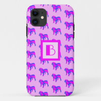 English Bulldog Cute Pink Blue Silhouette Monogram