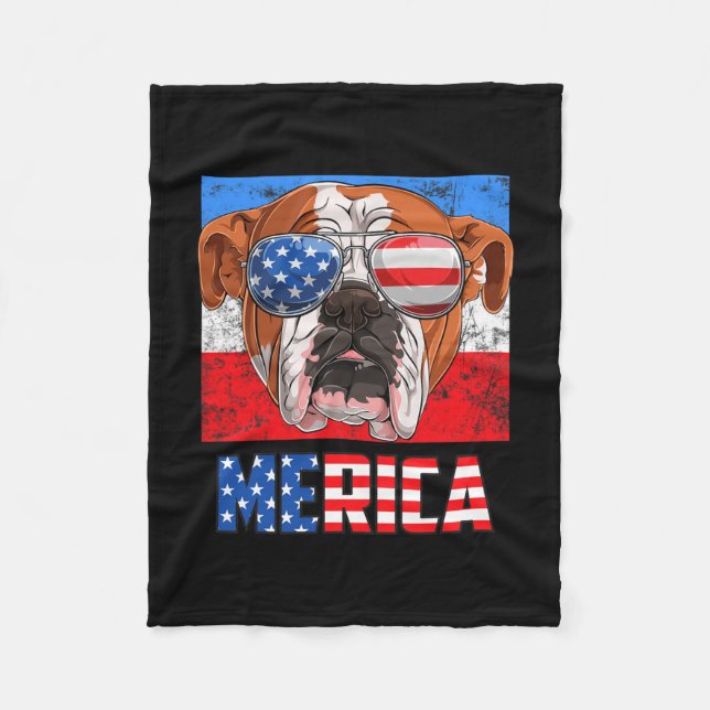 English Bulldog Dog 4th Of July American Flag Meri Fleece Blanket (Front)