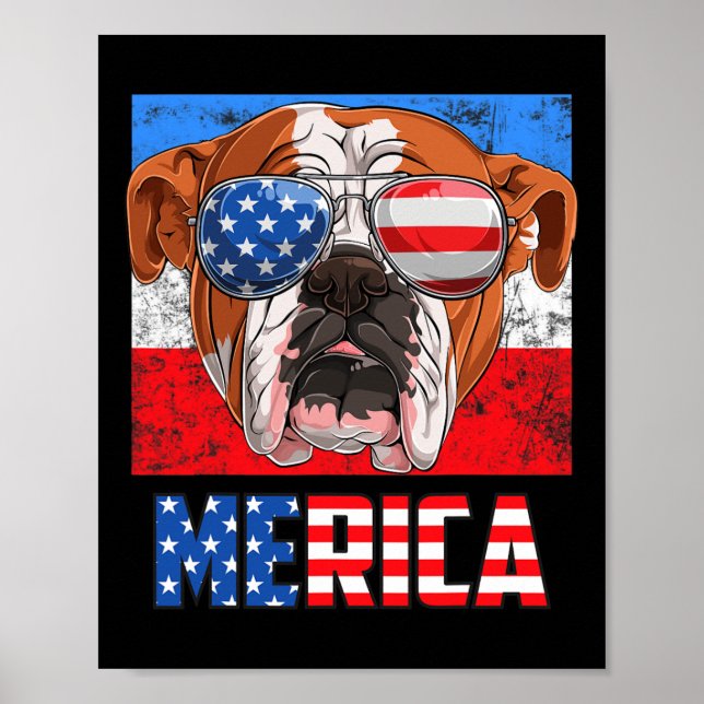 English Bulldog Dog 4th Of July American Flag Meri Poster (Front)