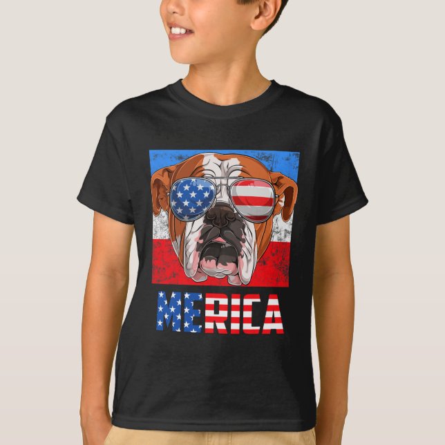 English Bulldog Dog 4th Of July American Flag Meri T-Shirt (Front)
