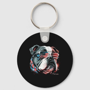 English Bulldog Dog 4th Of July American Flag Usa Key Ring