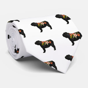 English Bulldog Dog Breed Boho Floral Silhouette Tie