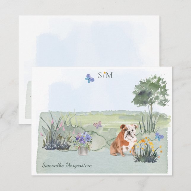 English Bulldog Dog Butterfly Monogram and Name   Card (Front/Back)