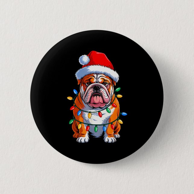 English Bulldog Dog Christmas Lights Santa Hat Xma 6 Cm Round Badge (Front)