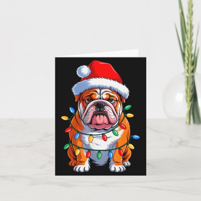 English Bulldog Dog Christmas Lights Santa Hat Xma Card (Front)