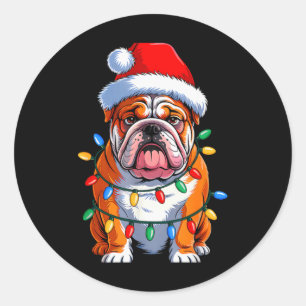 English Bulldog Dog Christmas Lights Santa Hat Xma Classic Round Sticker