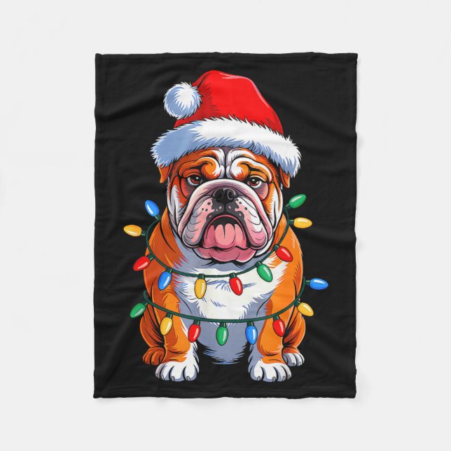 English Bulldog Dog Christmas Lights Santa Hat Xma Fleece Blanket (Front)