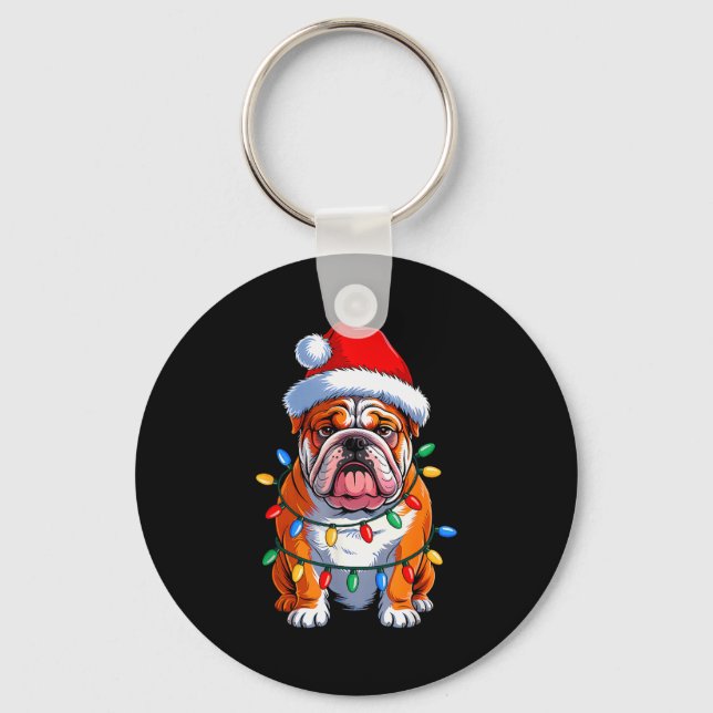 English Bulldog Dog Christmas Lights Santa Hat Xma Key Ring (Front)