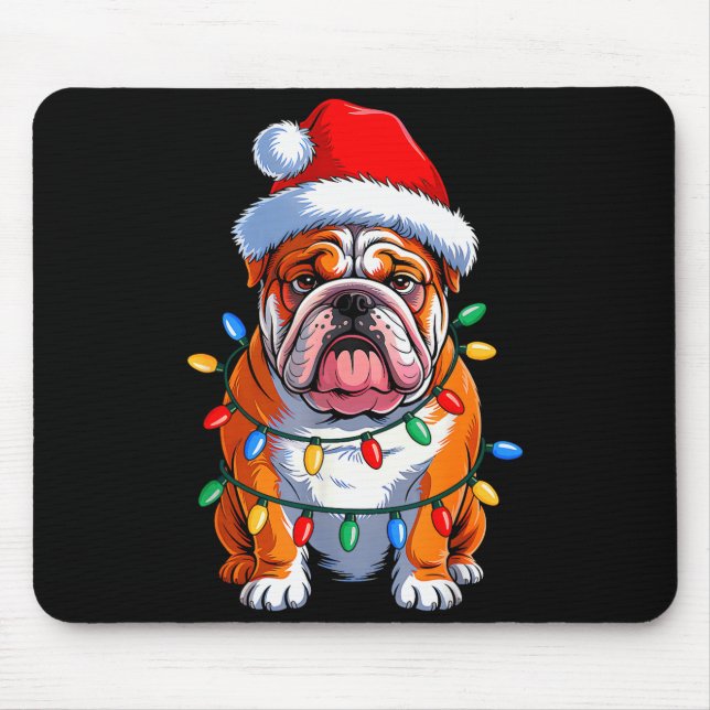 English Bulldog Dog Christmas Lights Santa Hat Xma Mouse Mat (Front)