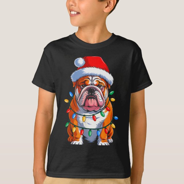English Bulldog Dog Christmas Lights Santa Hat Xma T-Shirt (Front)