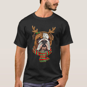 English Bulldog Dog Christmas Reindeer Santa Hat F T-Shirt